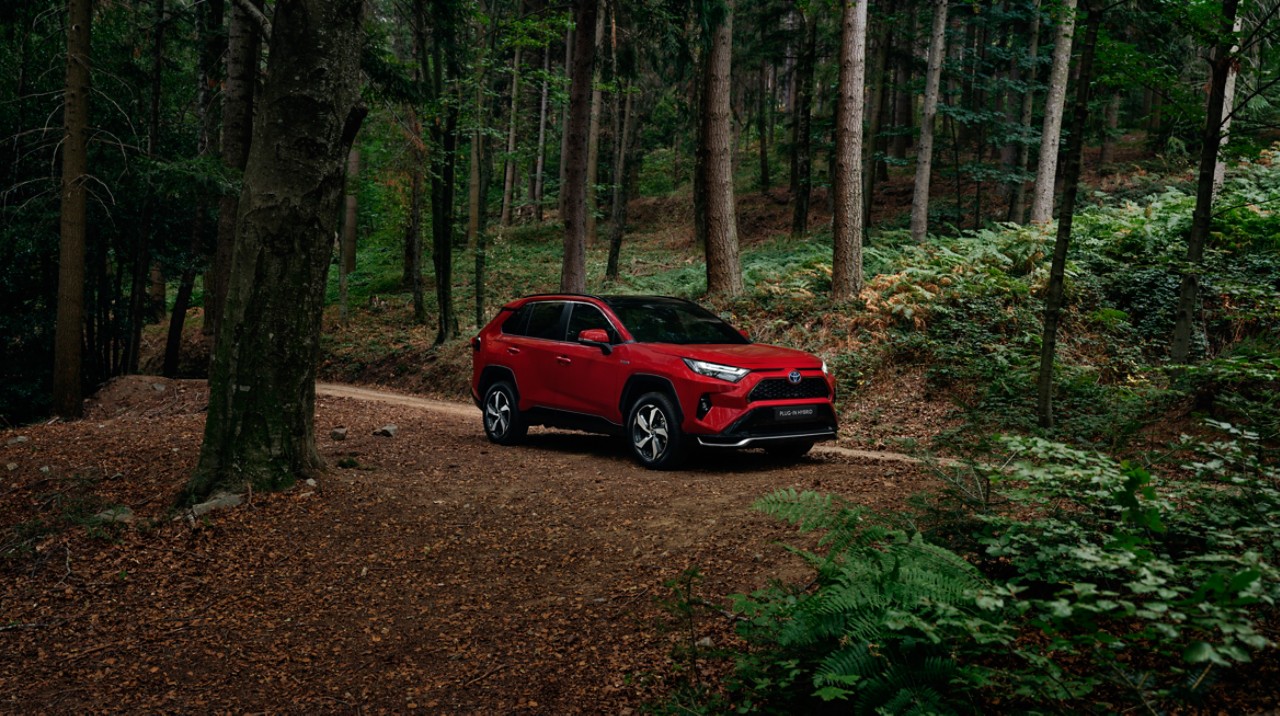 Toyota’s RAV4 Plug-in Hybride op een bosweg